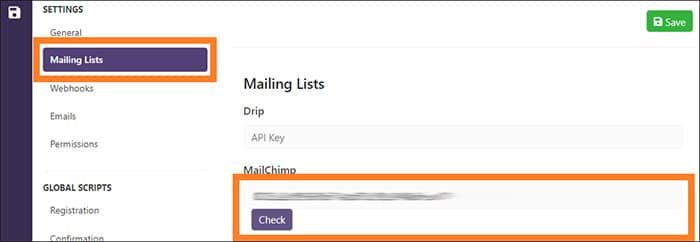 WebinarPress Mailing Lists MailChimp Api Key Check Save