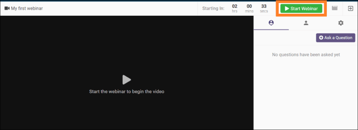 WebinarPress click Start Webinar button to start broadcasting webinar