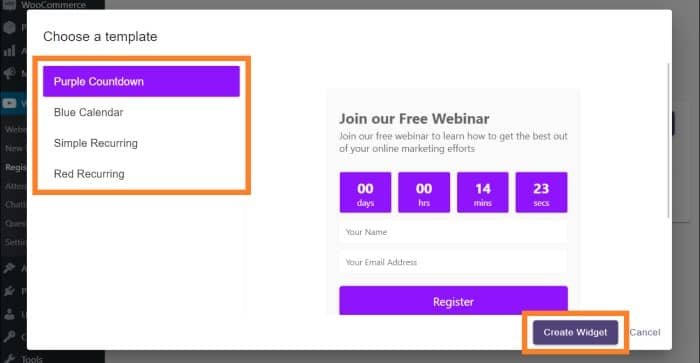 WebinarPress create Registration widget choose template click Create Widget button