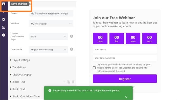 WebinarPress create Registration widget save