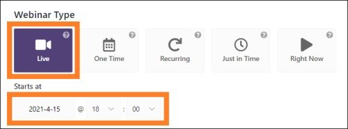 WebinarPress create new webinar choose webinar type and select date time when in starts