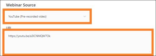 WebinarPress create new webinar select webinar source (YouTube (Pre-recorded video)) and URL