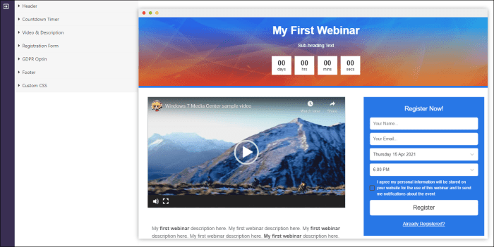 WebinarPress customize Registration page with preview real-time