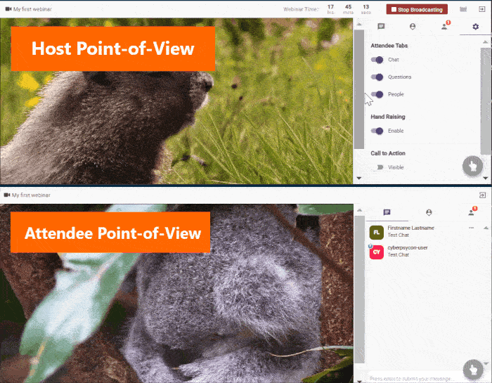 WebinarPress enable disable Questions, Attendee Chat, Attendee List, and Hand Raising real-time while running broadcasting webinar