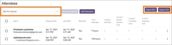 WebinarPress export attendees to CSV and BCC