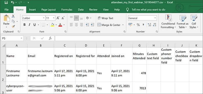 WebinarPress exported attendees to CSV actual