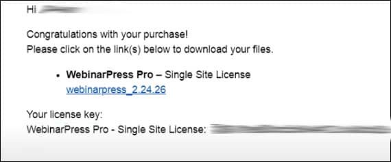 WebinarPress purchase receipt email containing link to WebinarPress PRO download file, your license key, and your invoice details