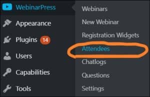 WordPress navigate to WebinarPress Attendees