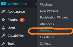 WordPress navigate to WebinarPress Chat Logs