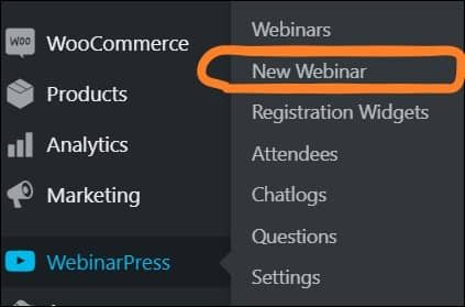 WordPress navigate to WebinarPress New Webinar