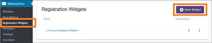 WordPress navigate to WebinarPress Registration Widget click New Widget button