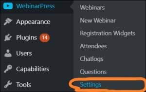 WordPress navigate to WebinarPress Settings