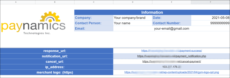 Fill up Paynamics merchant form response URL, notification URL, cancel URL, ip address, merchant logo